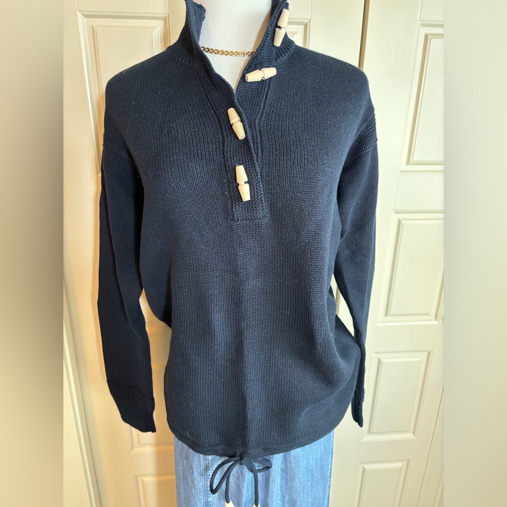 RALPH LAUREN, COTTON POLO SWEATER, WOODEN TOGGLE BUTTON NAUTICAL, SZ S, BLUE